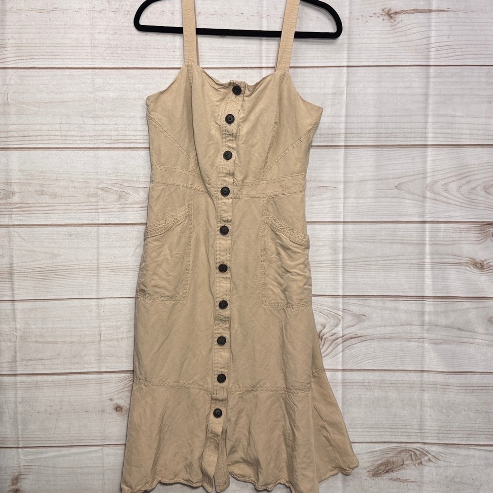 Banana Republic Women's Linen Blend Button Front Midi Dress Beige Sleeveless 10‎